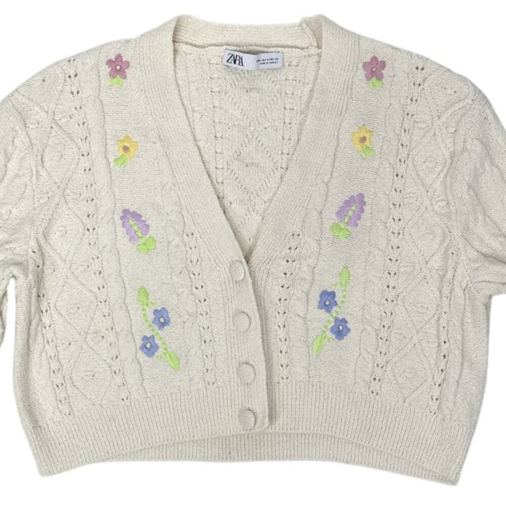 Zara Cream Cropped Cardigan with Floral Embroidery - Picture 2 of 7